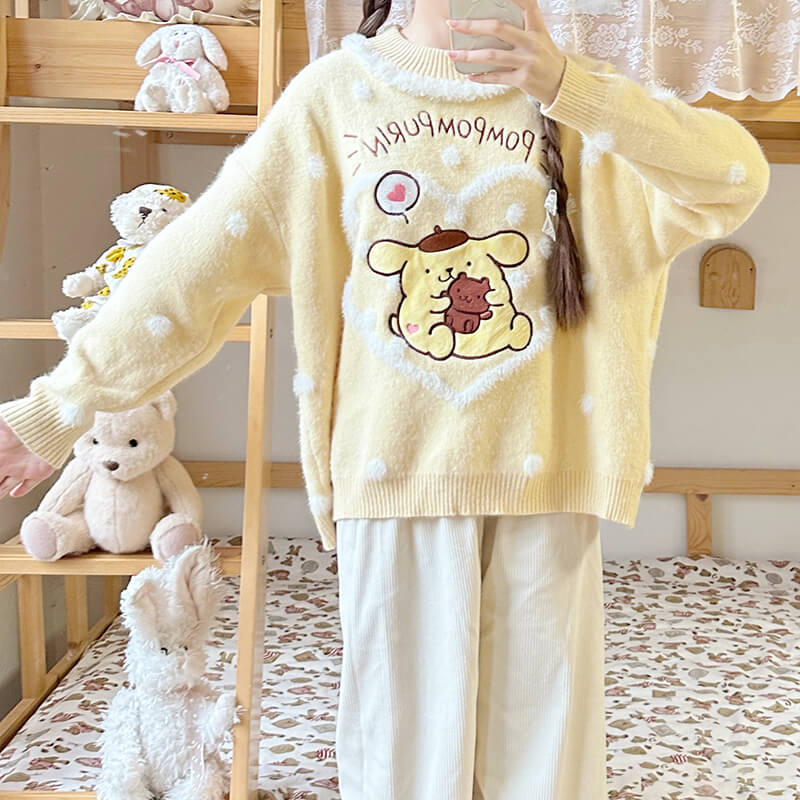 Japanese-style-Pompompurin-Heart-Pom-Pom-Knitted-Sweater-yellow