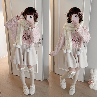 Japanese-style-kawaii-girl-ootd-look-pink-cropped-sweater-and-fleece-skirt