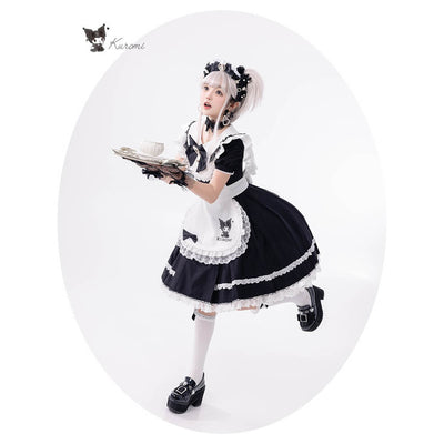 Jirai-Kei-Kuromi-Black-And-White-Lace-Trim-Maid-Costume-Dress