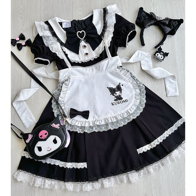 Jirai-Kei-Kuromi-Black-And-White-Lace-Trim-Maid-Costume-With-Accessories