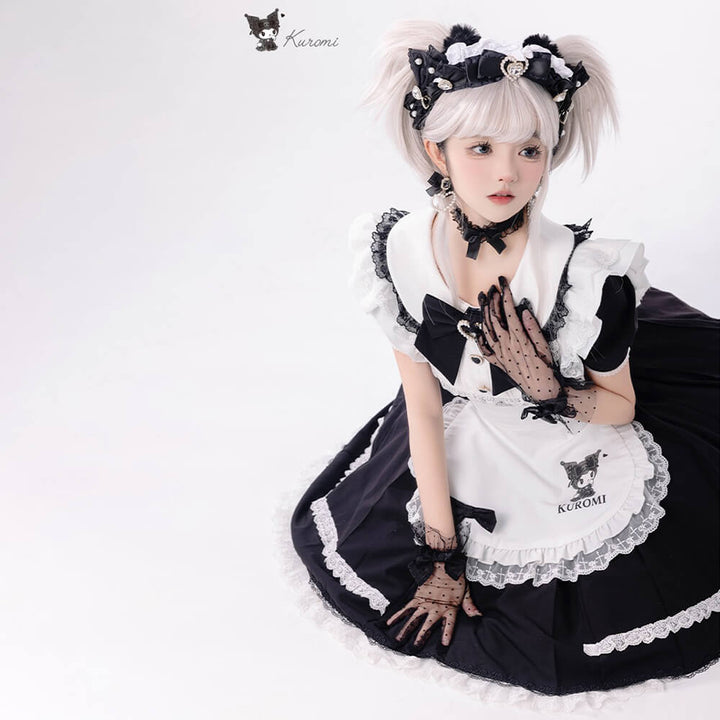 chinese dress ladies Jirai Kei Kuromi Lace Trim Maid OP Dress With Apron – KawaiiEnvy