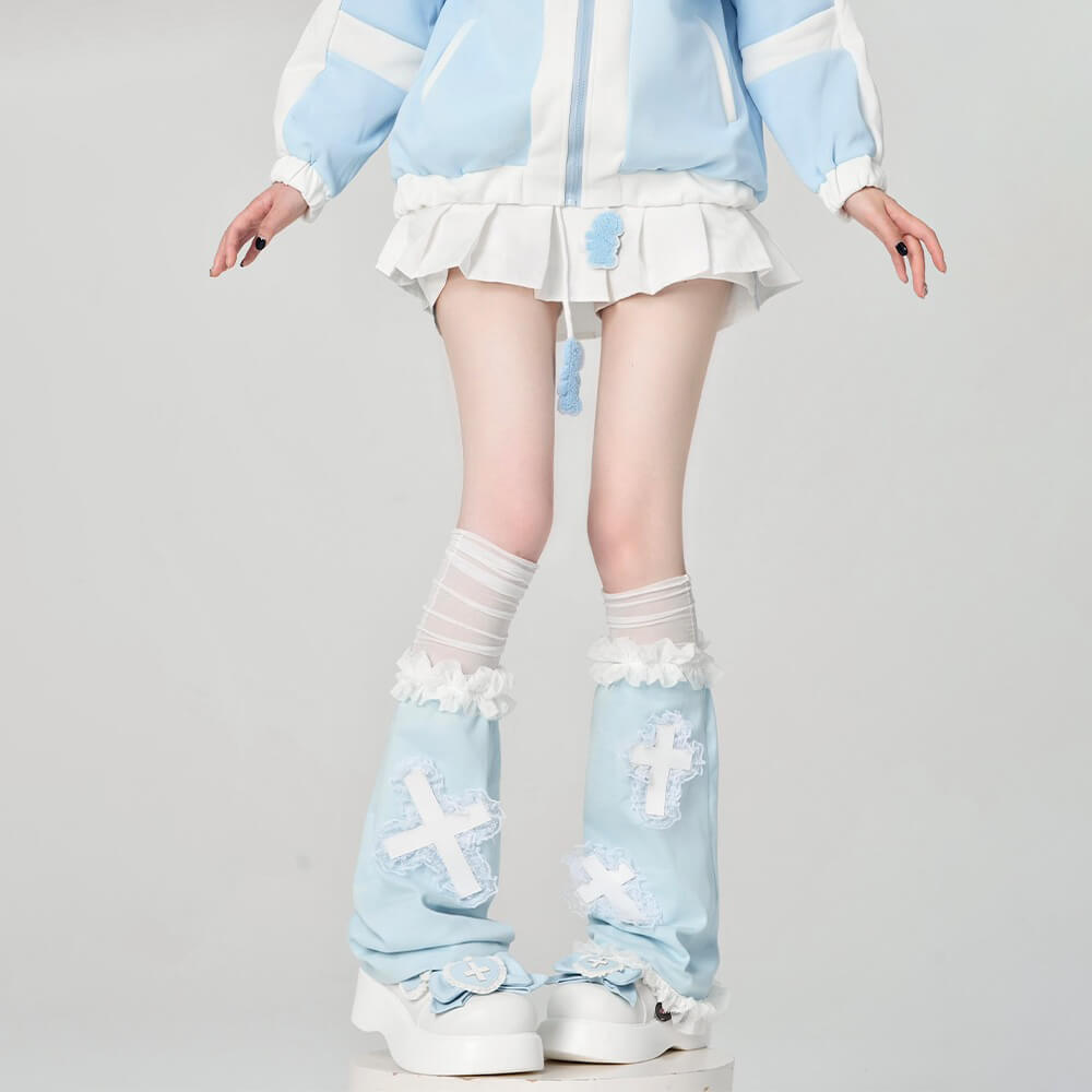 Jirai-Kei-Outfit-Accessories-Baby-Blue-Cross-Applique-Lace-Trim-Leg-Warmers