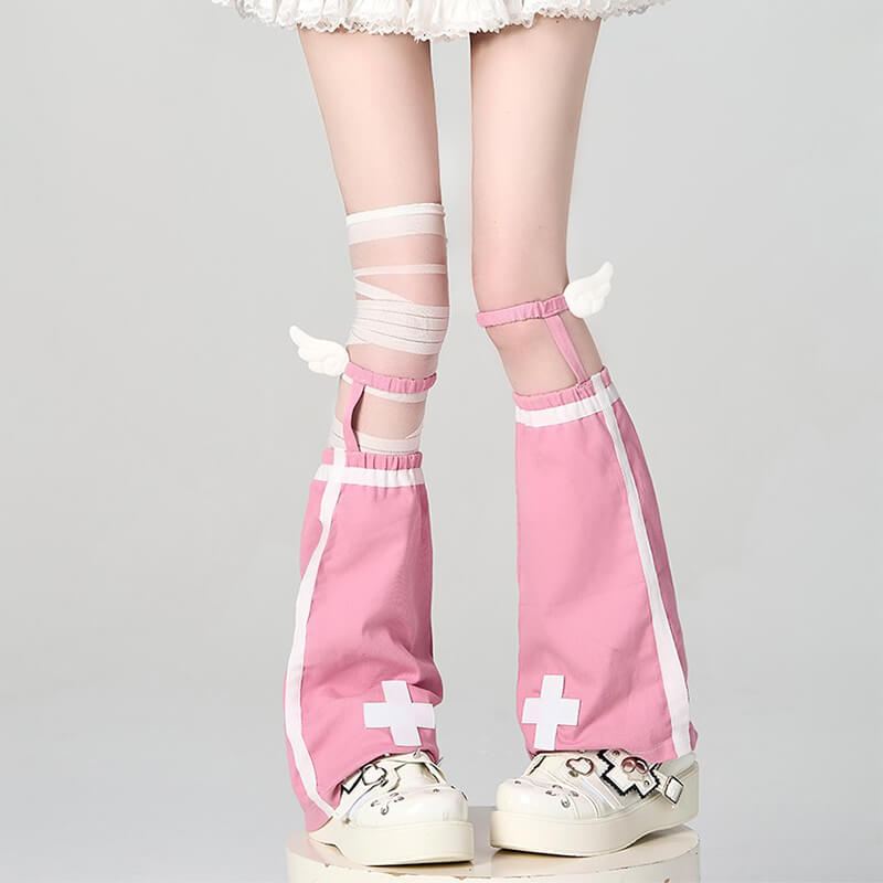 Jirai-Kei-Pastel-Pink-Cross-Flare-Leg-Warmers-With-Little-Wings-Decor-On-Top