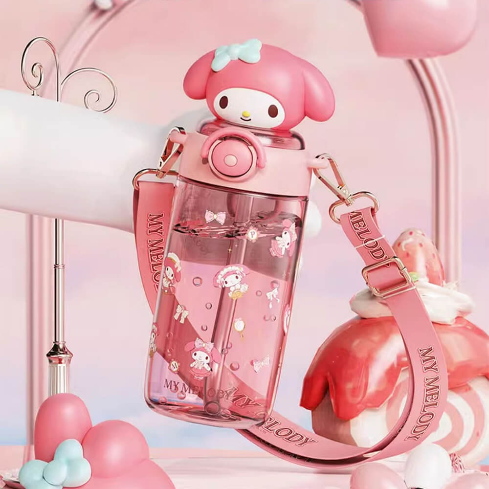 Kawaii-Aesthetic-Pink-My-Melody-Doll-Lid-Portable-Water-Bottle-With-Adjustable-Strap