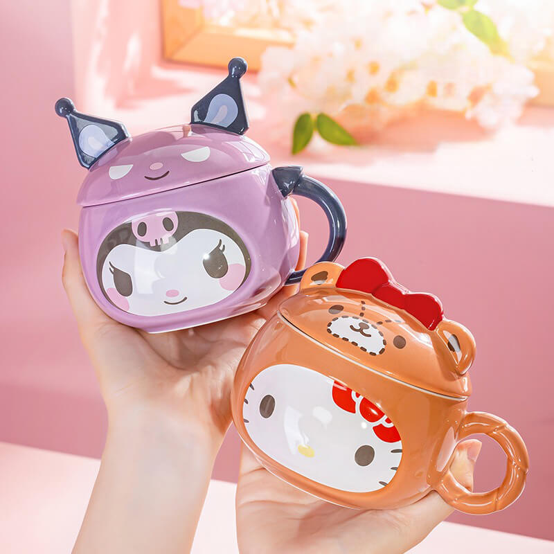 Kawaii-Cartoon-Kuromi-And-Hello-Kitty-Ceramic-Mugs-With-Lids