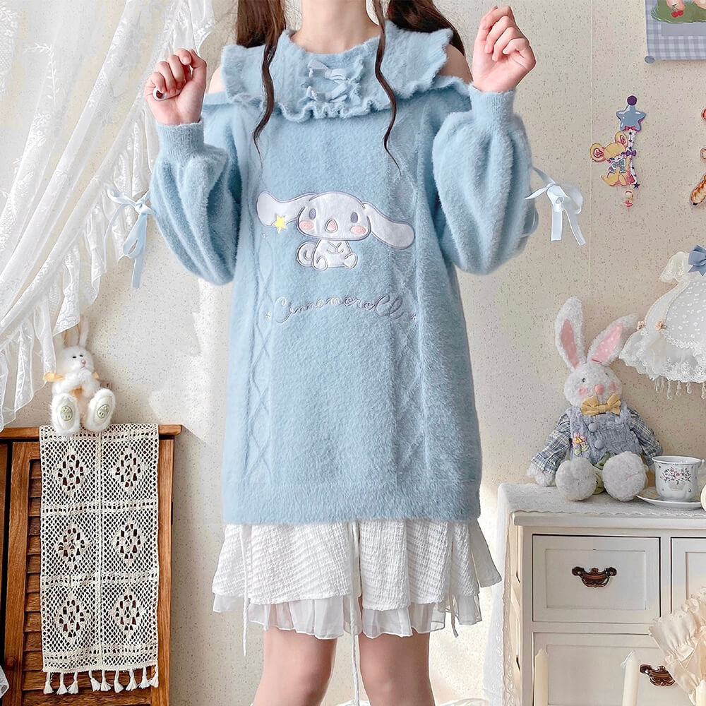 Kawaii-Cute-Cinnamoroll-Cold-Shoulder-Sweater-Dress-with-Ribbons