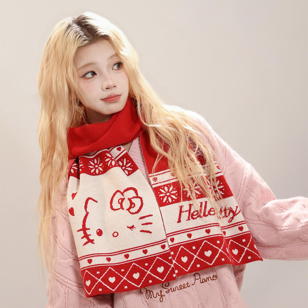 Kawaii-Cute-Hello-Kitty-Red-Knit-Scarf
