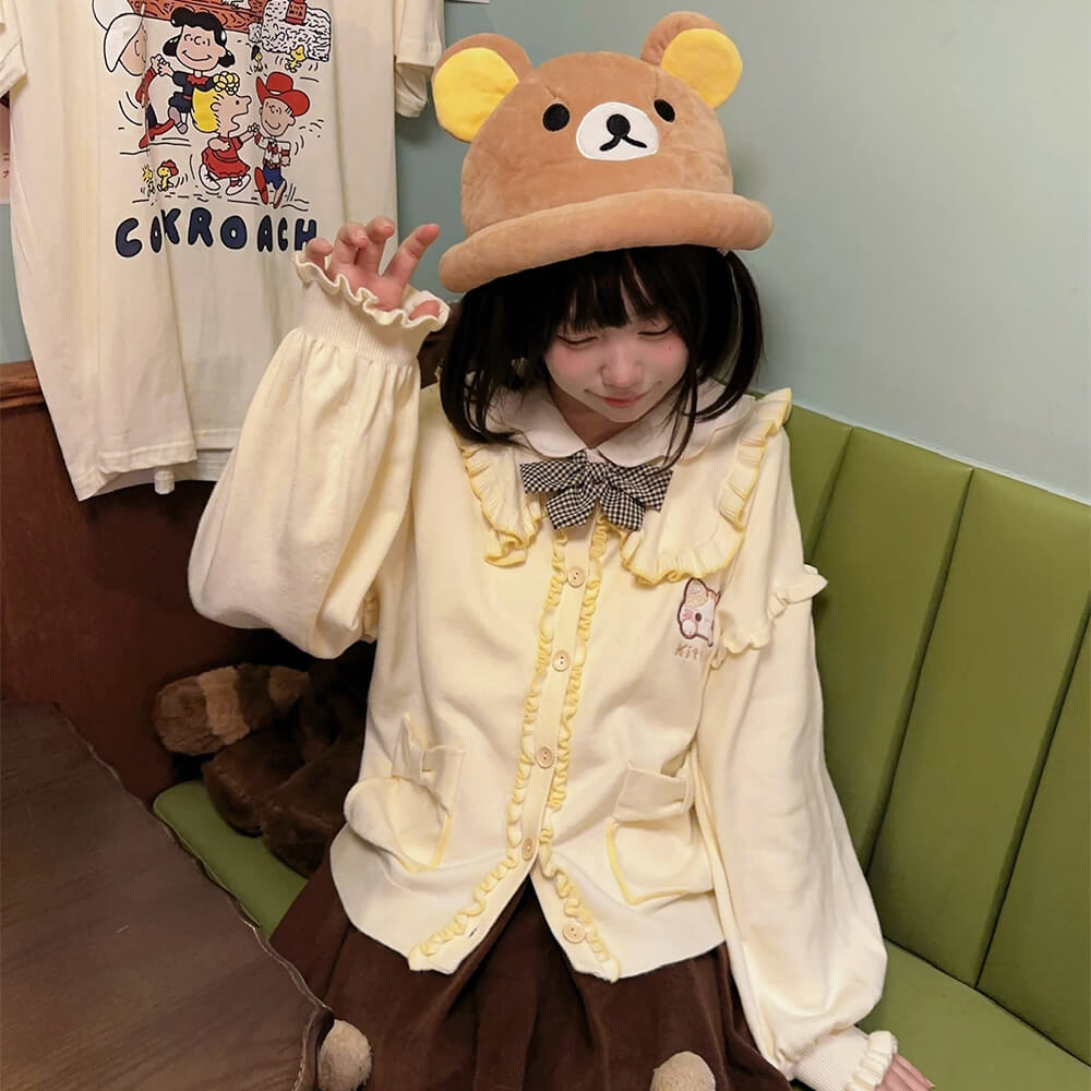 Kawaii-Girly-Beige-Ruffle-Knit-Cardigan