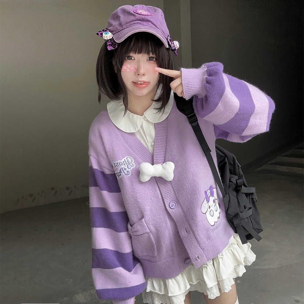 Kawaii-Girly-Ghost-Puppy-Purple-Loose-Knit-Cardigan