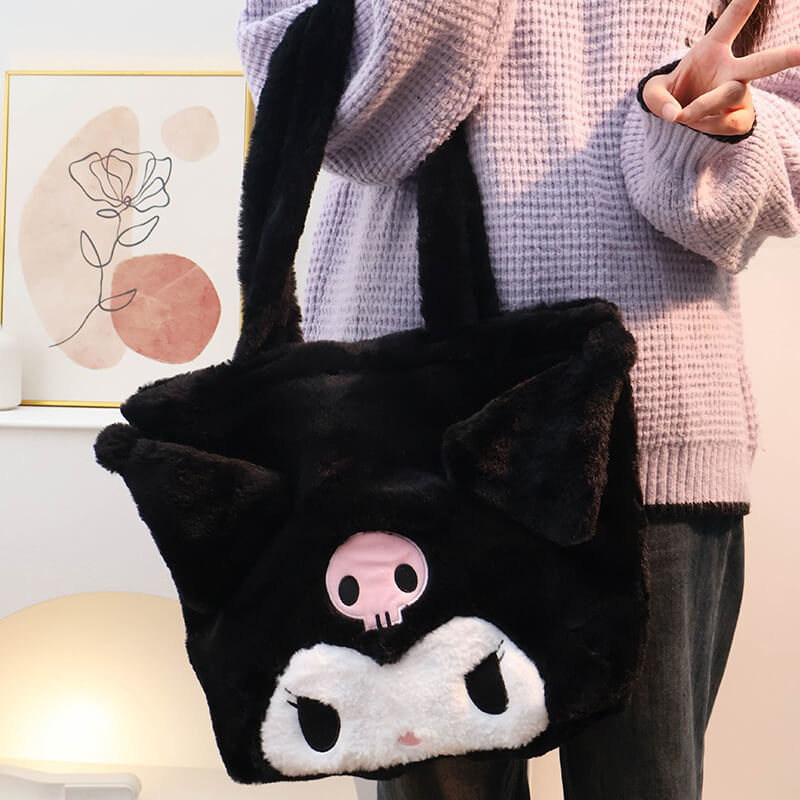 Kuromi-3D-Face-Fluffy-Tote-Bag-Black