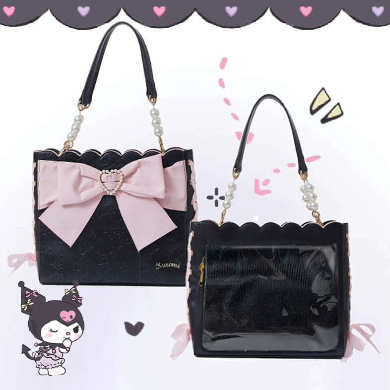 Kuromi-Embossed-Black-Ita-Bag-with-Bow-Decor-and-Pearl-Handles