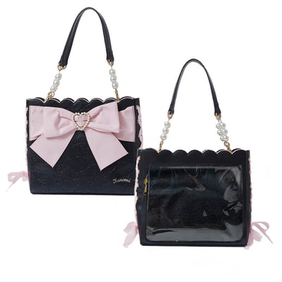 Kuromi-Embossed-Black-Ita-Bag-with-Bow-and-Pearl-Handles-Front-and-Back