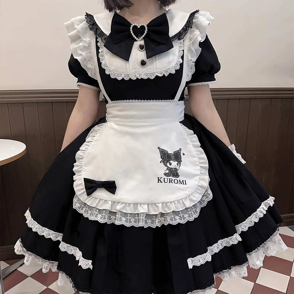 Jirai Kei Kuromi Lace Trim Maid OP Dress With Apron