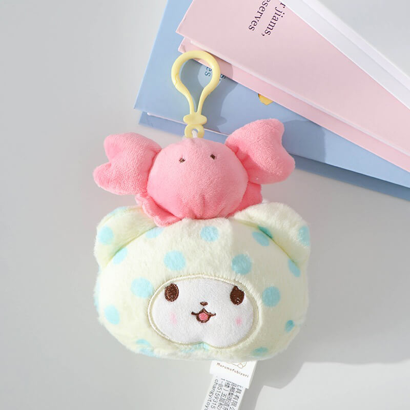 Marumofubiyori-Sanrio-plush-keychain-with-pink-crab-on-top