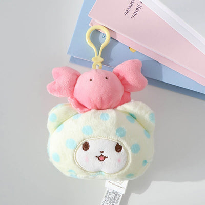 Marumofubiyori-Sanrio-plush-keychain-with-pink-crab-on-top