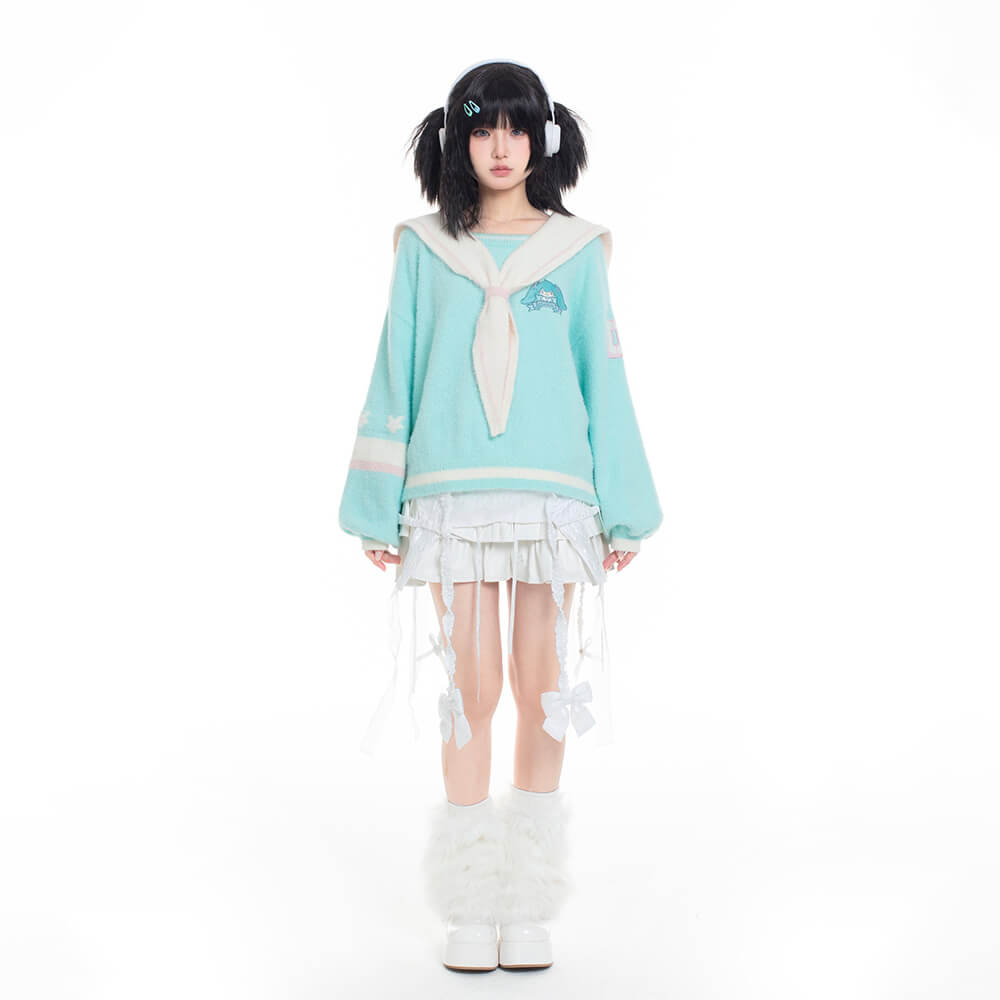 Jirai Kei Outfit Sailor Collar Hoodie Black Pleated Skirt