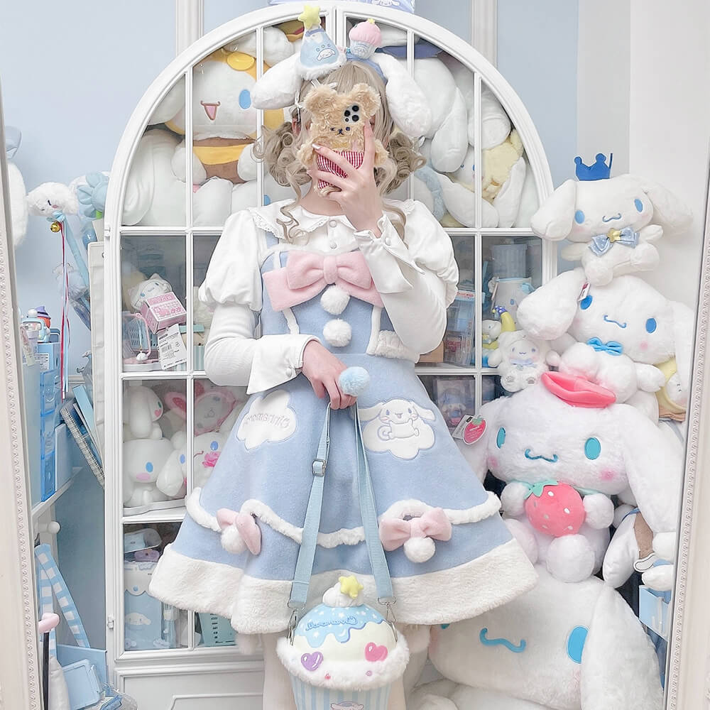 Pastel-Blue-Cinnamoroll-Patch-Pompom-Bowknots-Winter-Dress-Sweet-Lolita-JSK