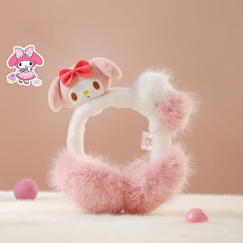 Pink-and-white-my-melody-face-plush-pompoms-fluffy-earmuffs