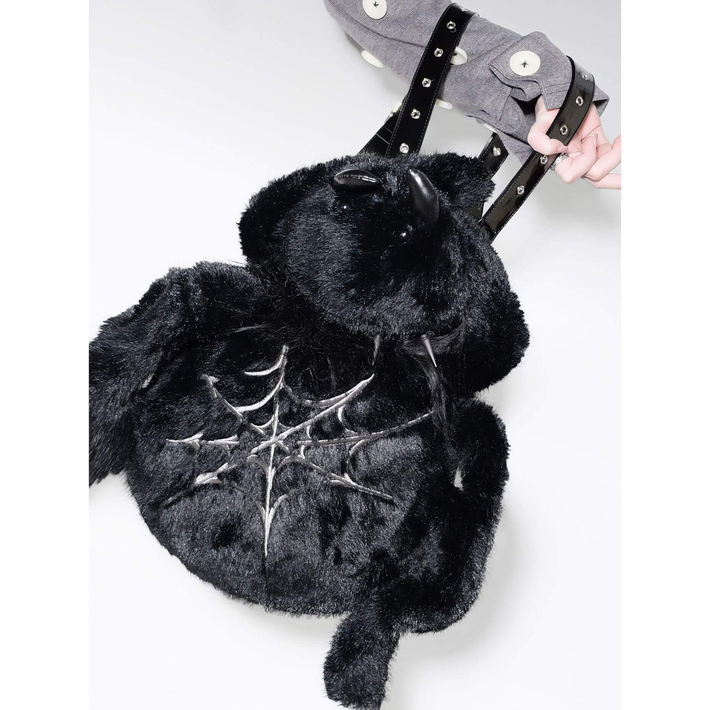 Plush-Spider-Bag-With-Punk-Style-Studded-Collar-And-Dual-Strap