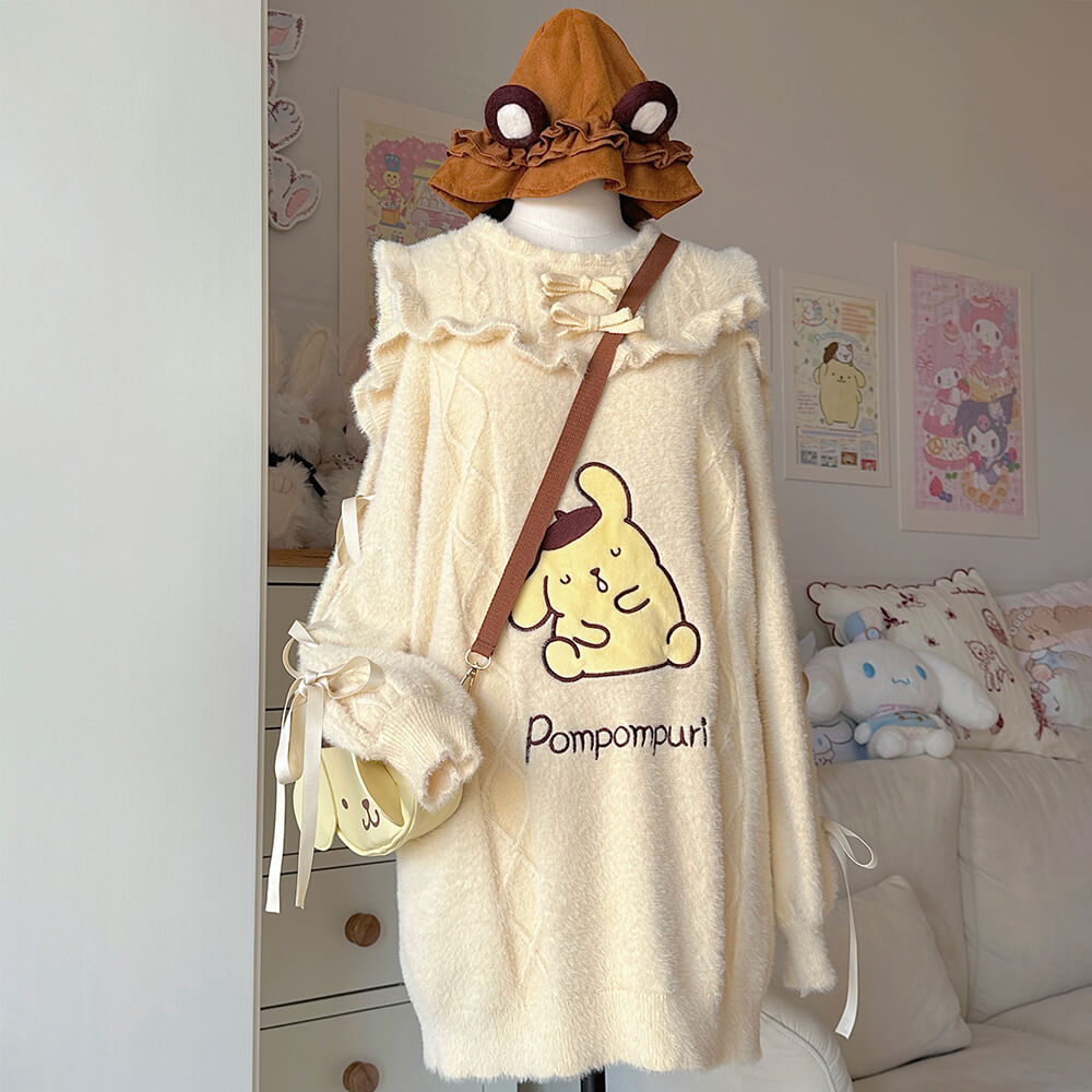 Pompompurin-Cold-Shoulder-Sweater-Dress-with-Ribbons