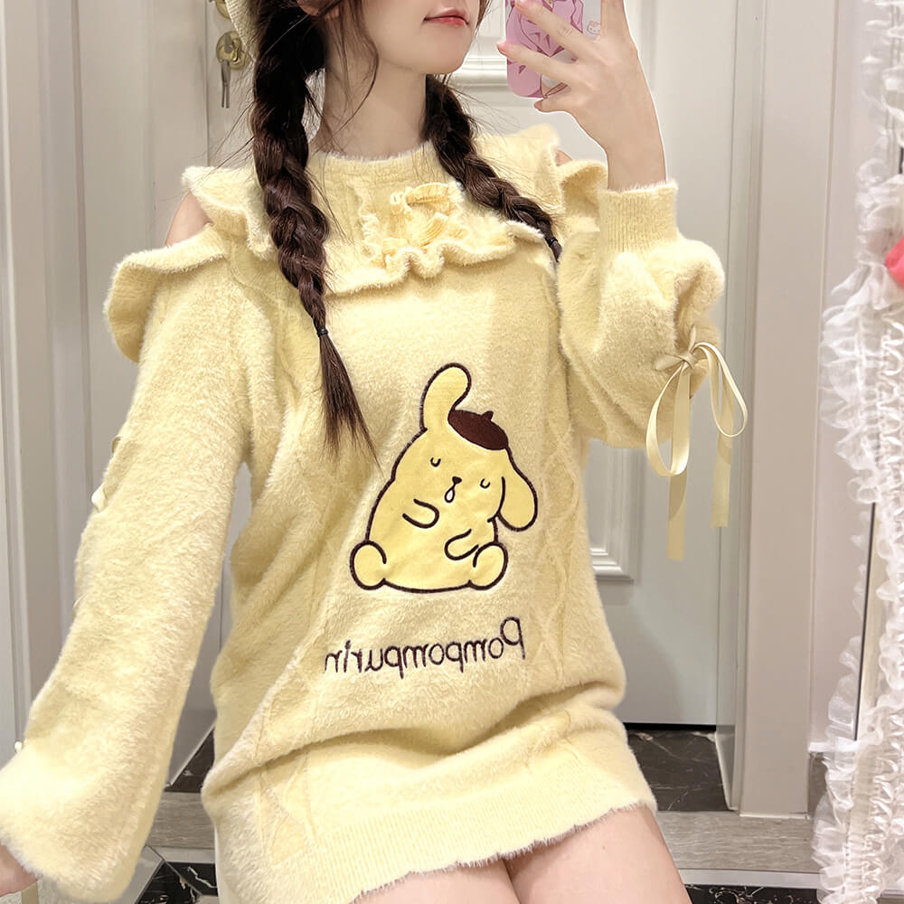 Pompompurin-Embroidery-Cold-Shoulder-Sweater-Dress-with-Ribbons