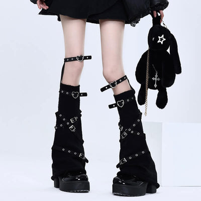 Punk-Rave-Leg-Warmers-With-Heart-Buckled-Loops-In-Black