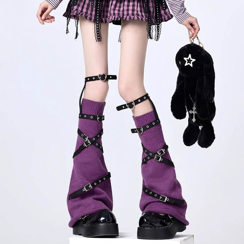 Punk-Rave-Leg-Warmers-With-Heart-Buckled-Loops-In-Purple