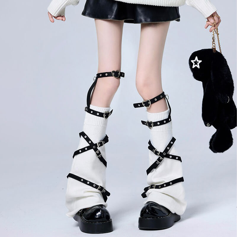 Punk-Rave-Leg-Warmers-With-Heart-Buckled-Loops-In-White