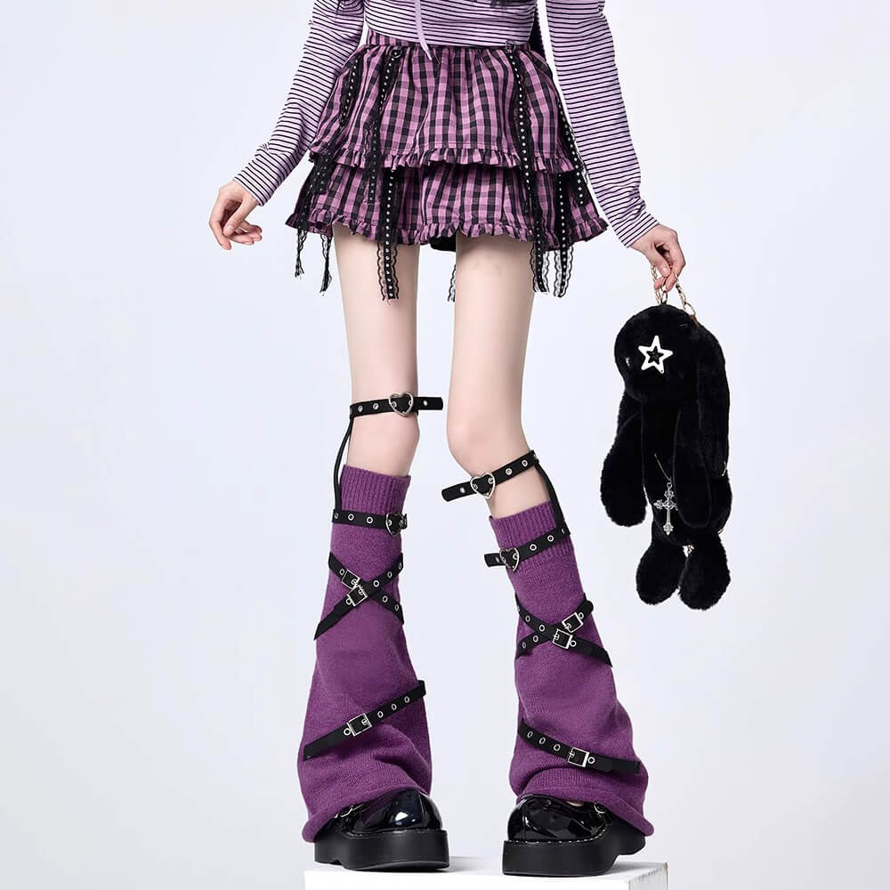 Punk-Rave-Studded-Buckle-Crossing-Leg-Warmers-With-Heart-Shaped-Buckle-Loops-In-Purple