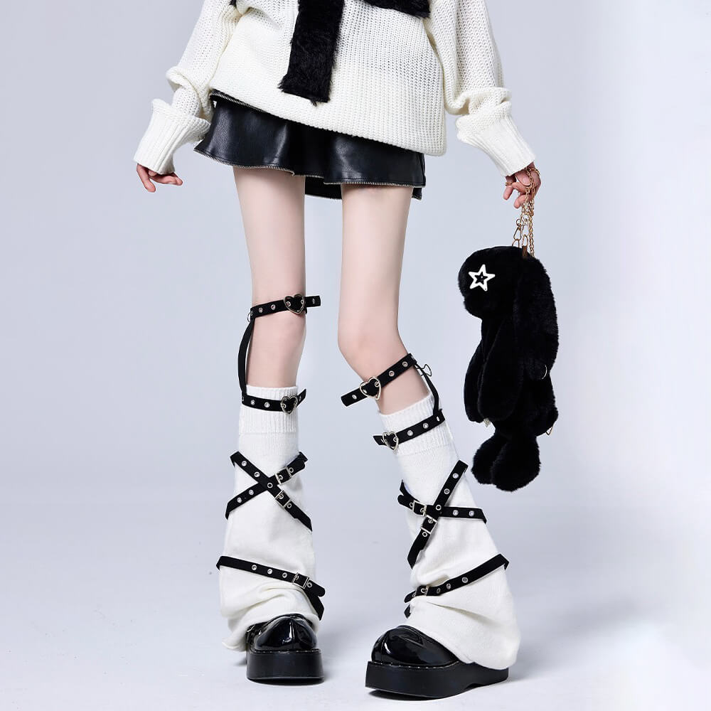 Punk-Rave-Studded-Buckle-Crossing-Leg-Warmers-With-Heart-Shaped-Buckle-Loops-In-White