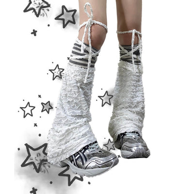 Pure-White-Multiple-Ruffled-Layers-Tie-up-Leg-Warmers-Paired-With-Grey-Striped-Socks