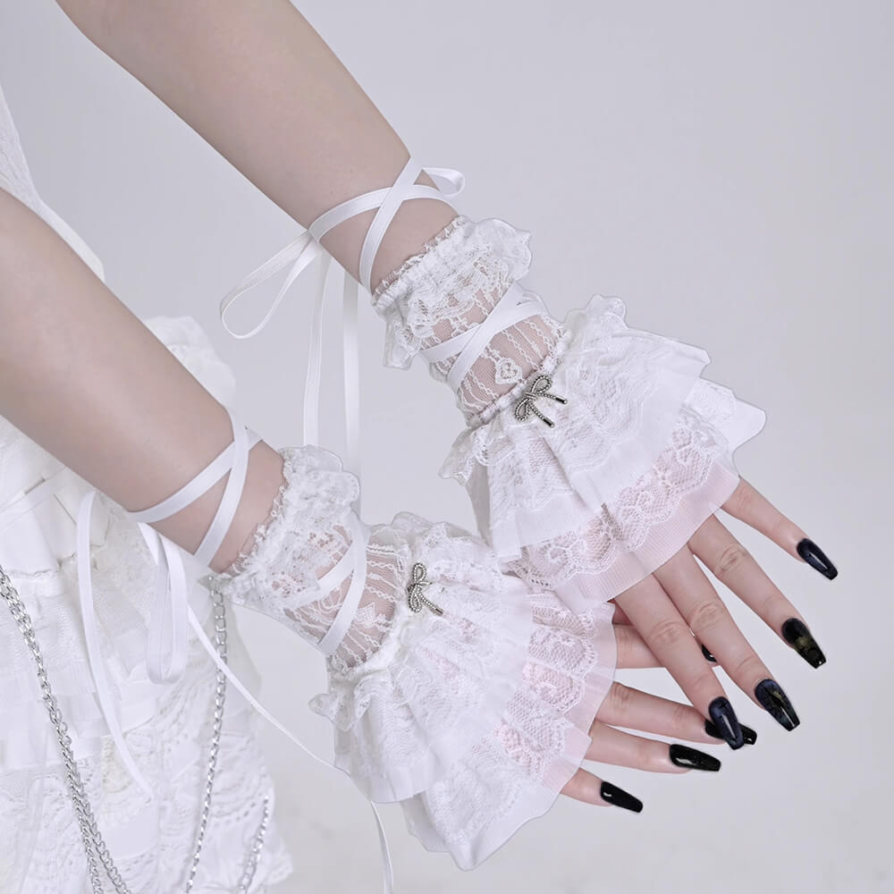 Romantic-White-Lace-Up-Tiered-Cuff-Arm-Sleeves-With-Silver-Bowknot-Embelishment