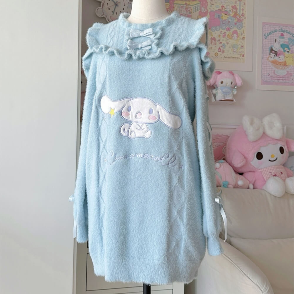 Sanrio-Collaboration-Cinnamoroll-Cold-Shoulder-Sweater-Dress-with-Ribbons