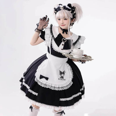 Sanrio-License-Kuromi-Jirai-Kei-Lolita-Lace-Trim-Maid-Dress-With-Apron