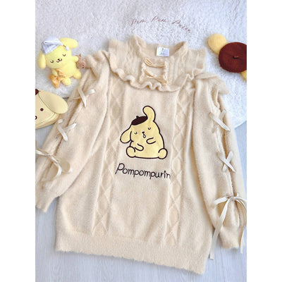 Sanrio-Pastel-Yellow-Pompompurin-Cold-Shoulder-Sweater-Dress-with-Ribbons