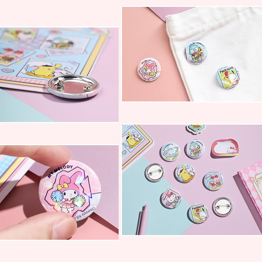 Sanrio-Sports-Time-Series-Laser-Badge-Set-Including-8-Different-Sanrio-Characters-And-With-Secure-Pin-Back-Design