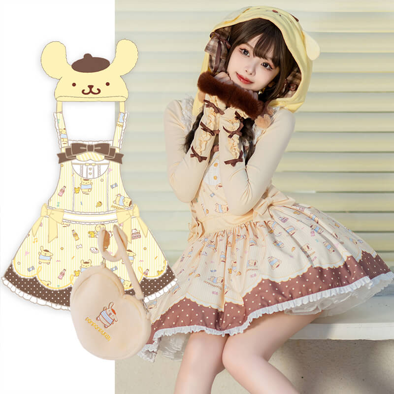 Sanrio-license-pompompurin-inspired-hooded-Jumperskirt-comes-with-free-yellow-heart-shaped-handbag-and-maid-apron