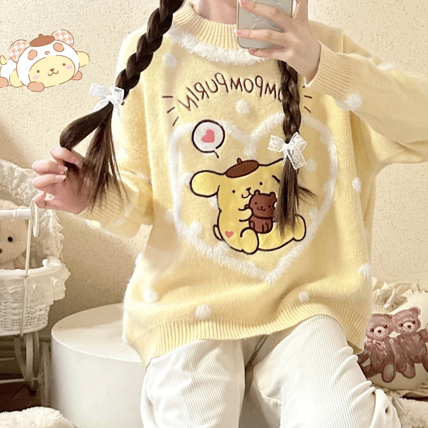 Sanrio-licensed-Pompompurin-Heart-Pom-Pom-round-neck-loose-Knit-Sweater-yellow