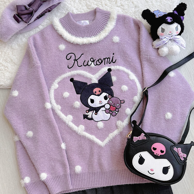 Sanrio-licensed-kuromi-baku-heart-pom-pom-knit-sweater-purple