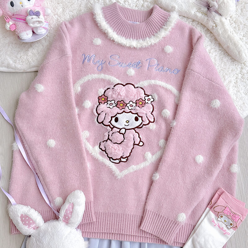 Sanrio-licensed-piano-heart-pom-pom-knit-sweater-pink