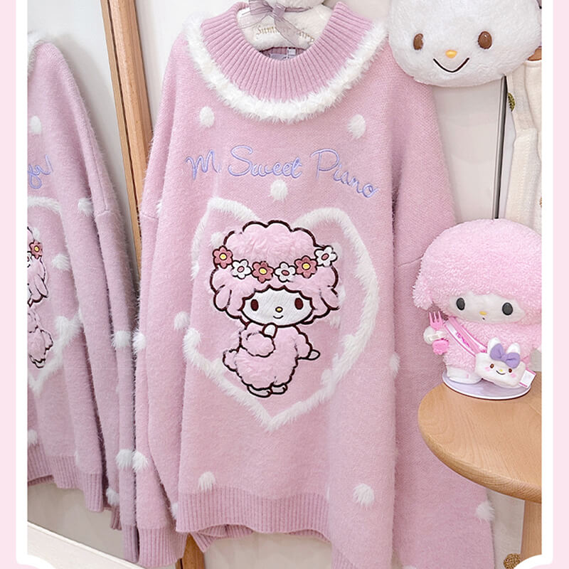 Sanrio-licensed-piano-heart-pom-pom-loose-sweater