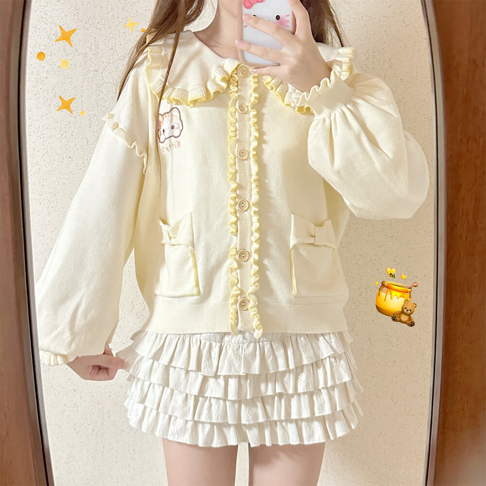 Sweet-Beige-Color-Ruffle-Knit-Cardigan-With-Embroidered-Calico-Cat