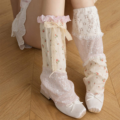 Sweet-Floral-Sequins-Patchwork-Summer-Leg-Warmers-With-Lace-Bow-Ties