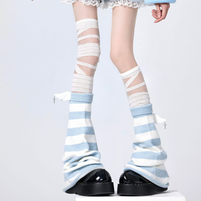 White-Blue-Striped-Angel-Wings-Flared-Knit-LegWarmers