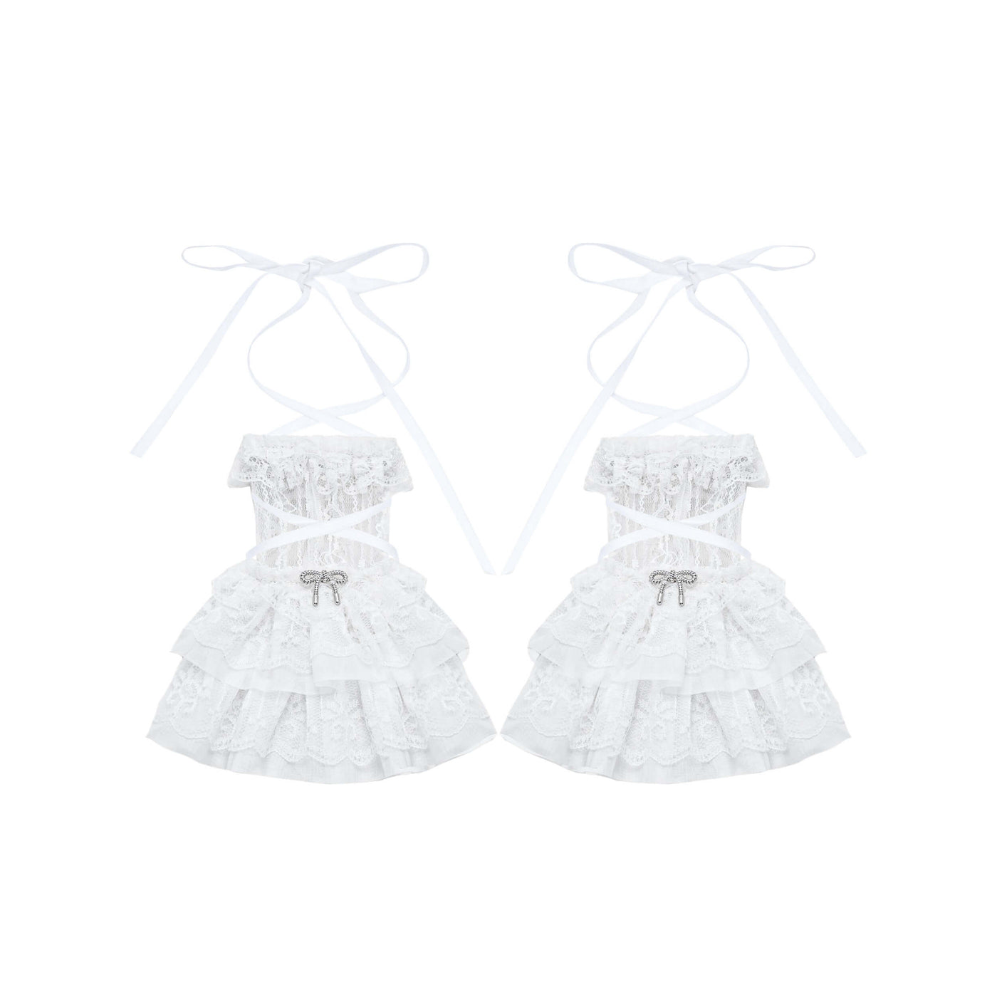 White-Elegant-Lace-Up-Tiered-Cuff-Arm-Sleeves-One-Pair