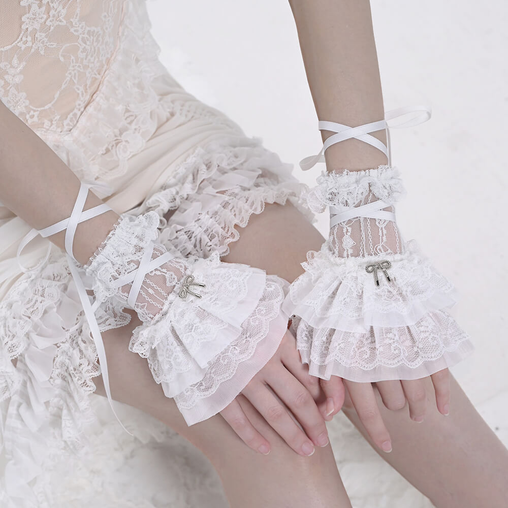 White-Elegant-Lace-Up-Tiered-Cuff-Arm-Sleeves-With-Silver-Bowknot-Embelishment