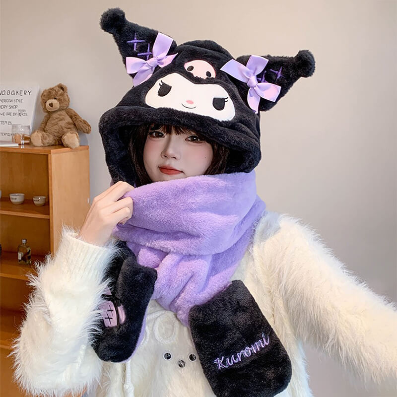 Winter-Warm-Black-Kuromi-3-in-1-Hat-Scarf-Jirai-Kei-Style