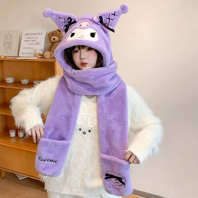 Winter-Warm-Purple-Kuromi-3-in-1-Hat-Scarf-Jirai-Kei-Style