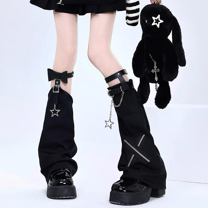 Zipper Cross Patchwork Leg Warmers With Star Chain Loops