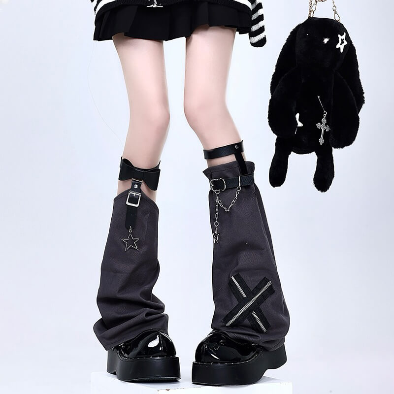 Zipper Cross Patchwork Leg Warmers With Star Chain Loops